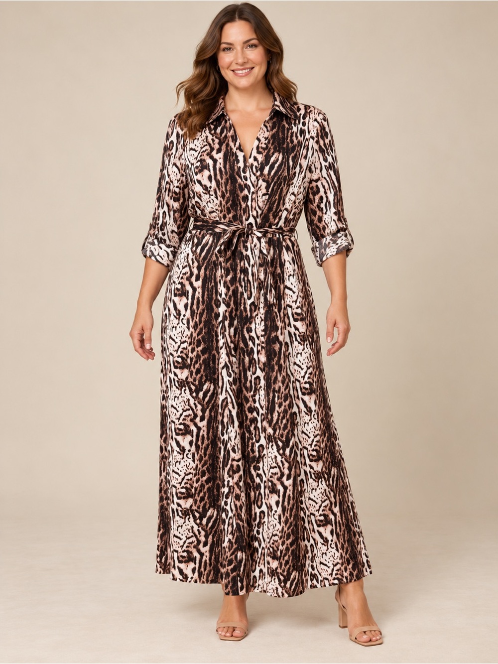 INC International Concepts Brown and Cream Animal-Print Maxi Shirt Dress